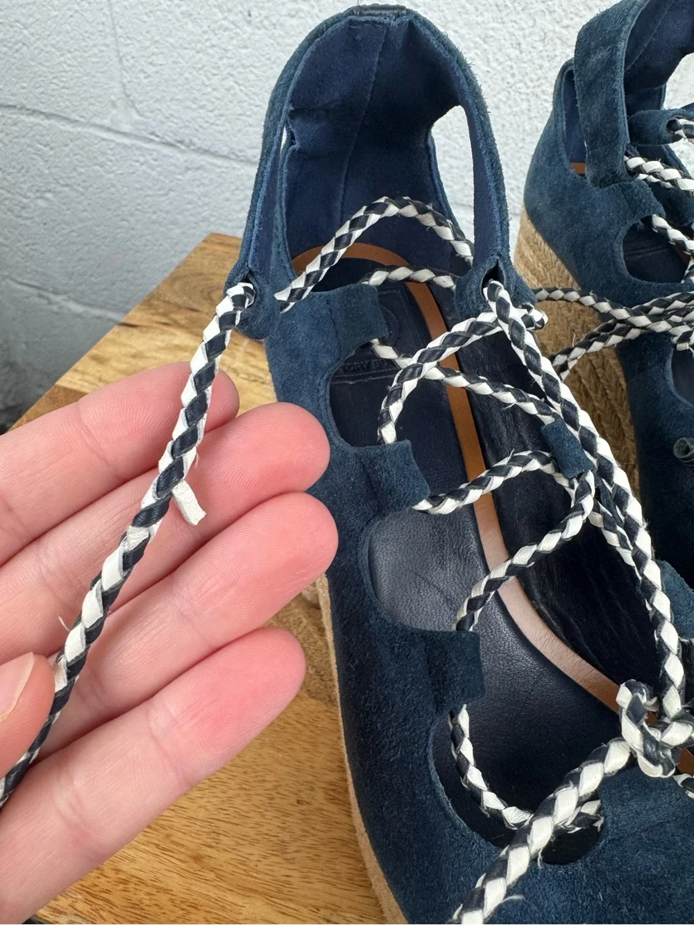 Tory Burch Navy Suede Lace-Up Espadrille Platform Block Heel Sandals Size 7